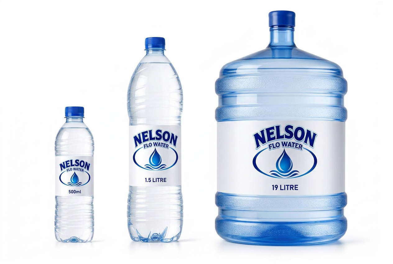 Nelson Flo Water 500ml, 1.5 litre and 19 litre bottles side by side